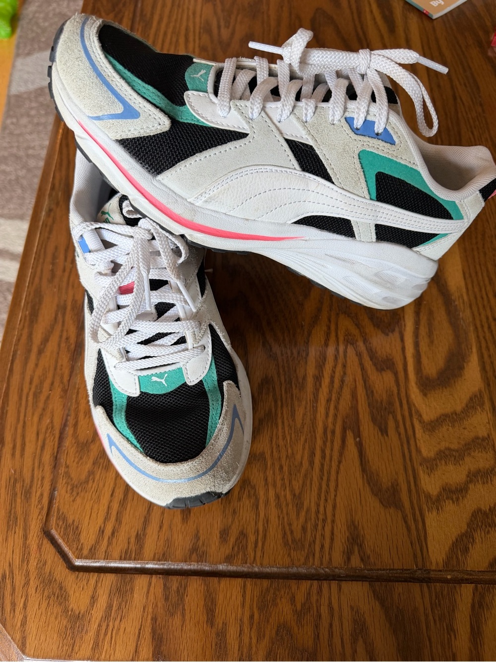 Puma Women’s White Sneakers with Black, Teal & Light Blue Accents